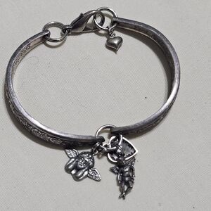 Bracelet Spoon Style Silver Tone with Cherub Heart Charms